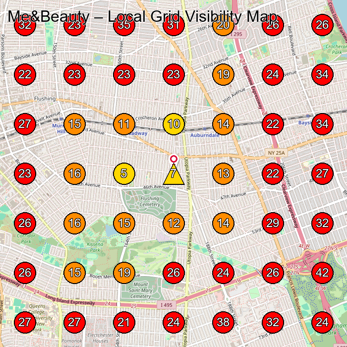 Me&Beauty GeoGrid visibility map for Skin Care Clinic in Queens